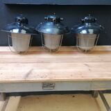 Set of 3 vintage Czech industrial pendant lights, 1950s