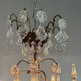 Bronze cage chandelier adorned with molded glass pendants in the shape of peacock feathers, circa 1800