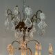 Bronze cage chandelier adorned with molded glass pendants in the shape of peacock feathers, circa 1800