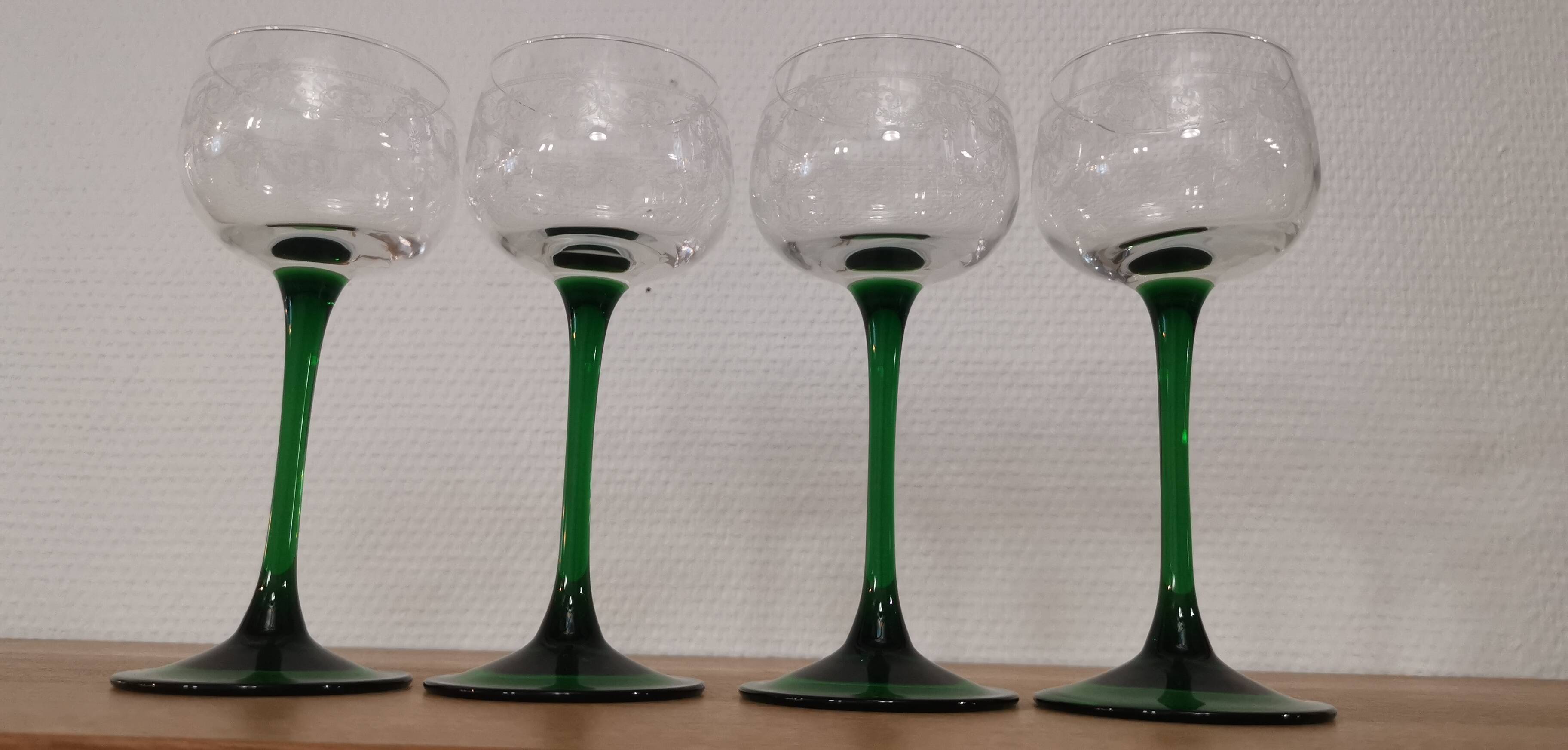 Set of 4 old Alsatian green stemmed wine glasses with vine decor engraved crystal arc