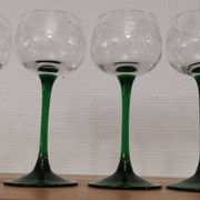 Set of 4 old Alsatian green stemmed wine glasses with vine decor engraved crystal arc