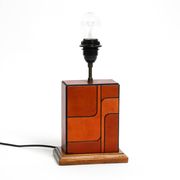 Italian 60s table lamp made of wood and leather with paper straw lampshade