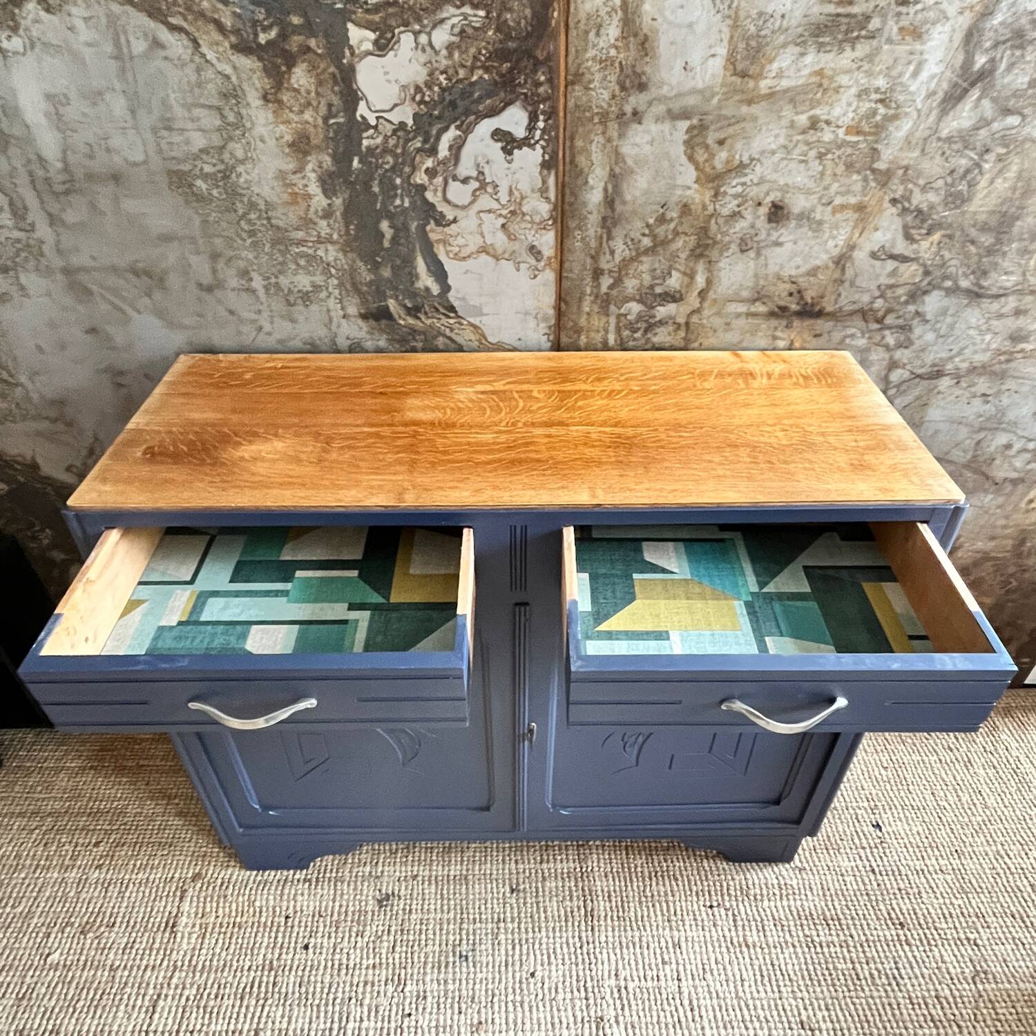 Parisian buffet in raw wood and deep blue
