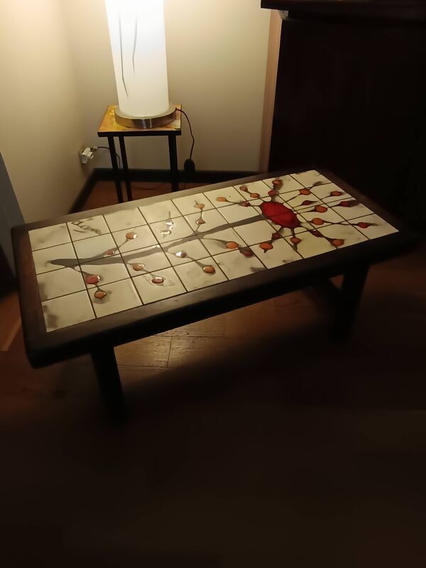 Table basse céramique et bois signée dan vallauris 1950/1960
