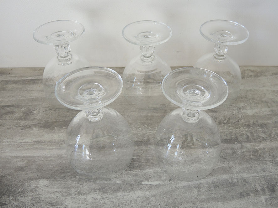 5 old crystal foot glasses engraved