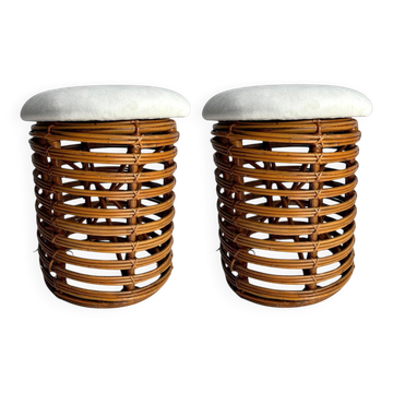 Vintage Italian Stools in Rattan and Bamboo by Tito Agnoli, 1960s, Set of 2