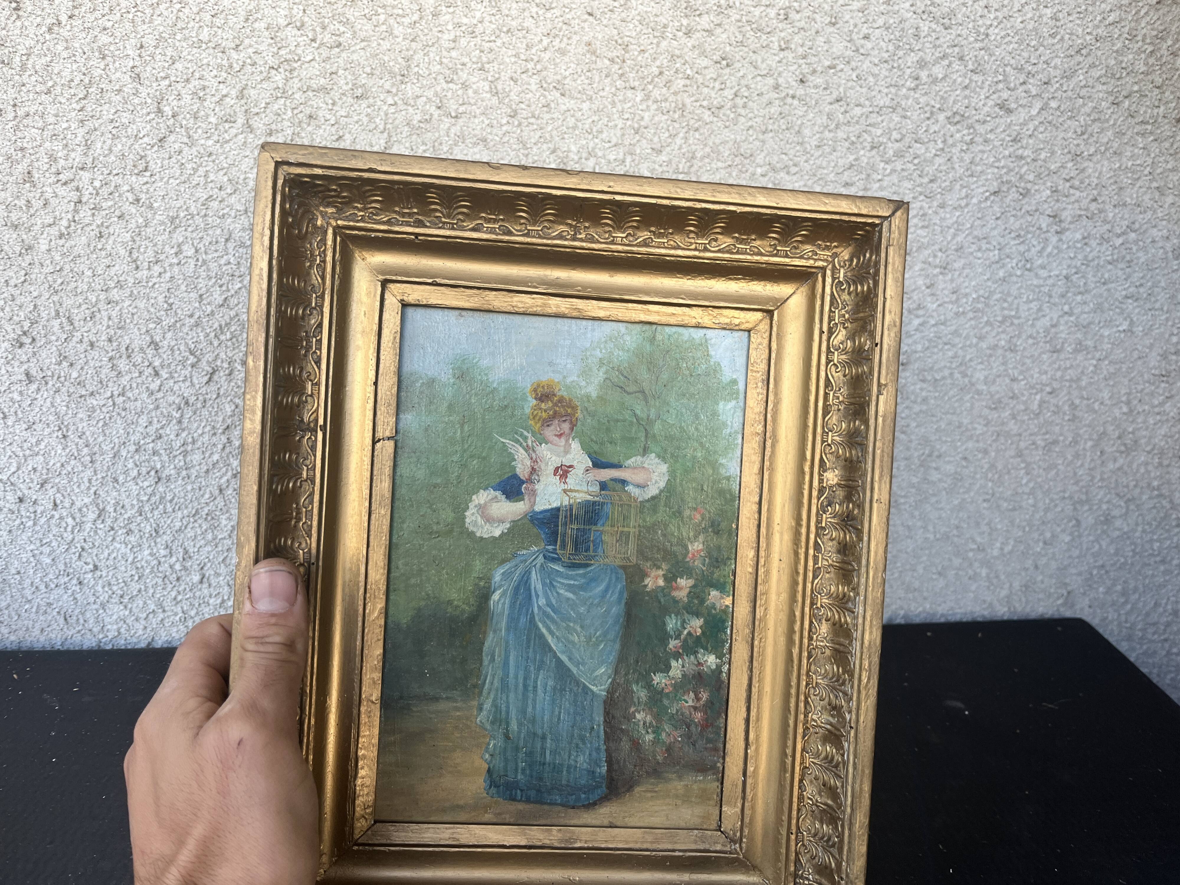 Antique tableau from the 19th century – Genre scene with the lady and the bird.