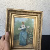 Antique tableau from the 19th century – Genre scene with the lady and the bird.