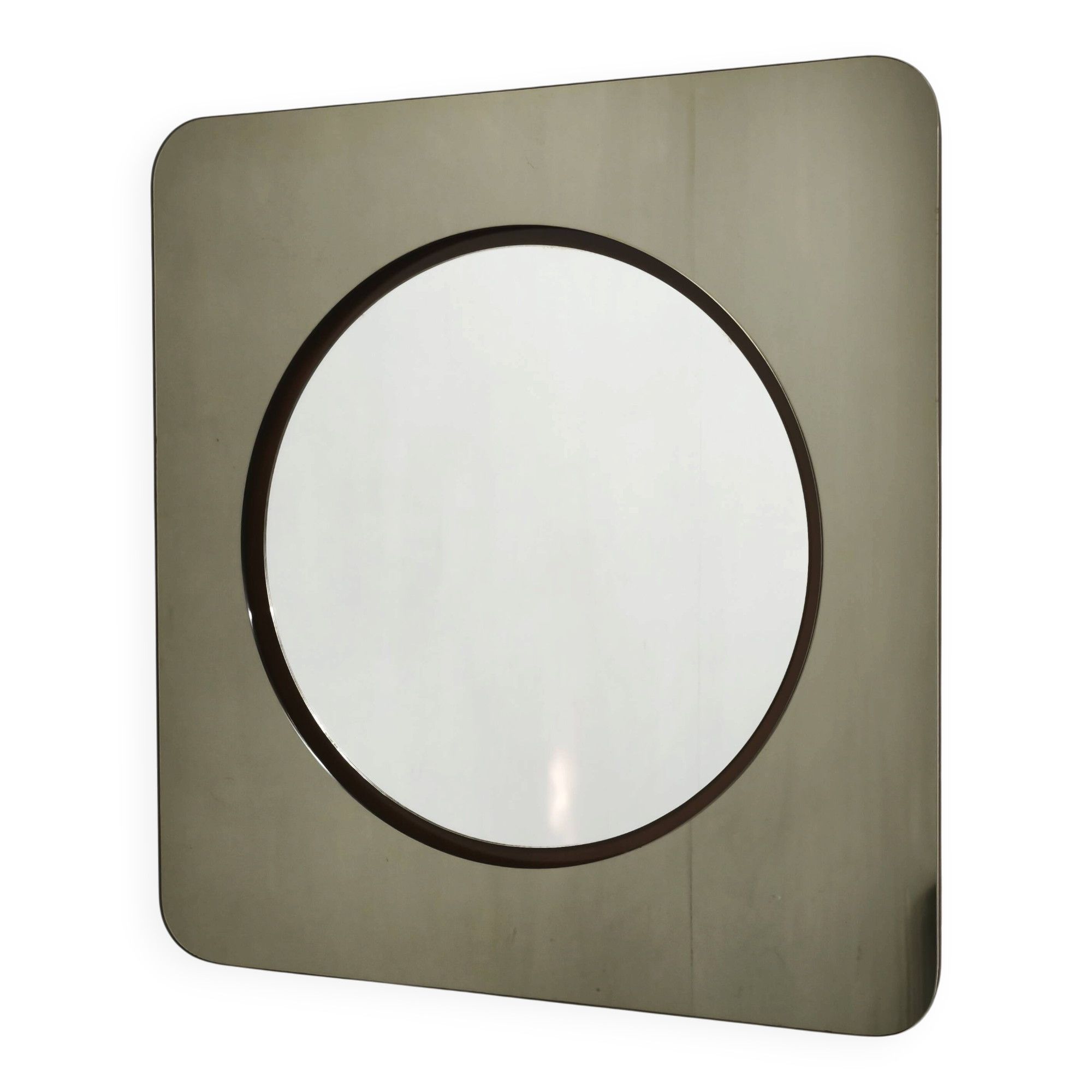 1970s Italian Space Age Smoked Glass and Circular Wall Mirror