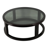 Italian Vintage Large Round coffee table in wood and fume glass. 1970s