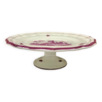 Gien flat-mounted plate on pedestal, pink landscape model