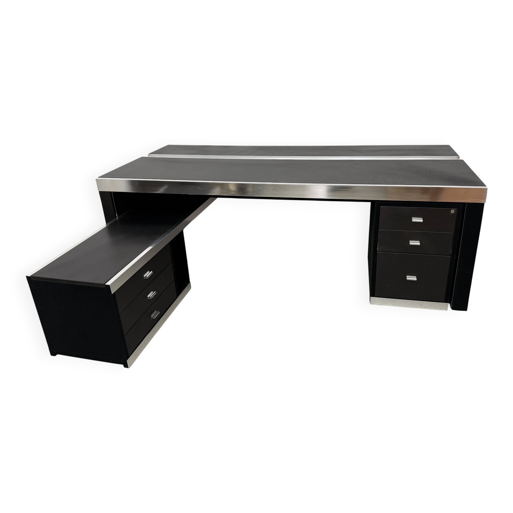 Guido Faleschini For Mariani, L-shaped Leather and Steel Desk, Italy 1970s