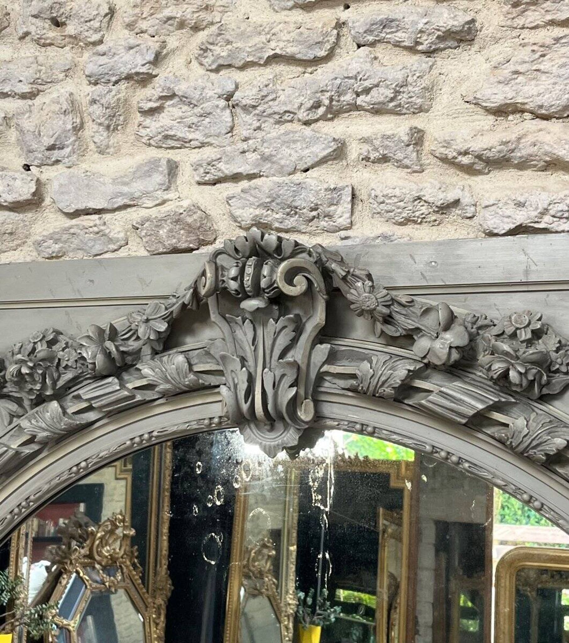 Important Antique Boiserie 176.5cm/158cm 19th Century Fireplace Mirror with Pitted Glass