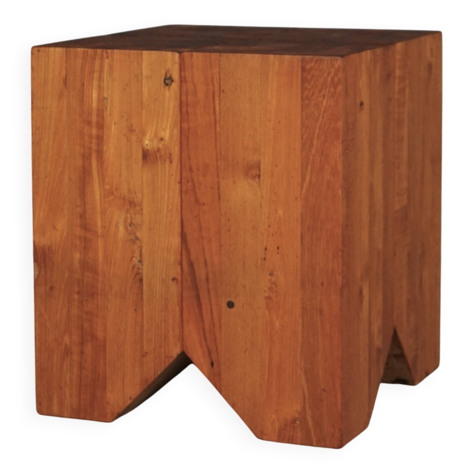 Brutalist solid Teak wood Stool or Side Table. 1990s