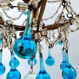 Italian chandelier with blue beads and gilded wood
