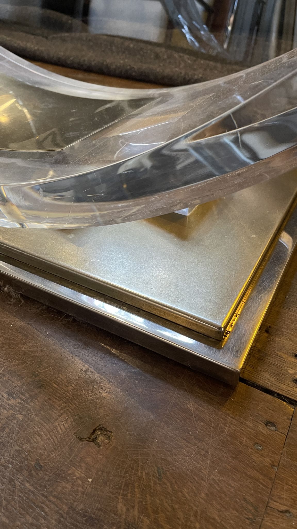 Dining room table by Charles Hollis Jones, lucite & brass, hollywood regency style, ca 1970