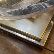Dining room table by Charles Hollis Jones, lucite & brass, hollywood regency style, ca 1970