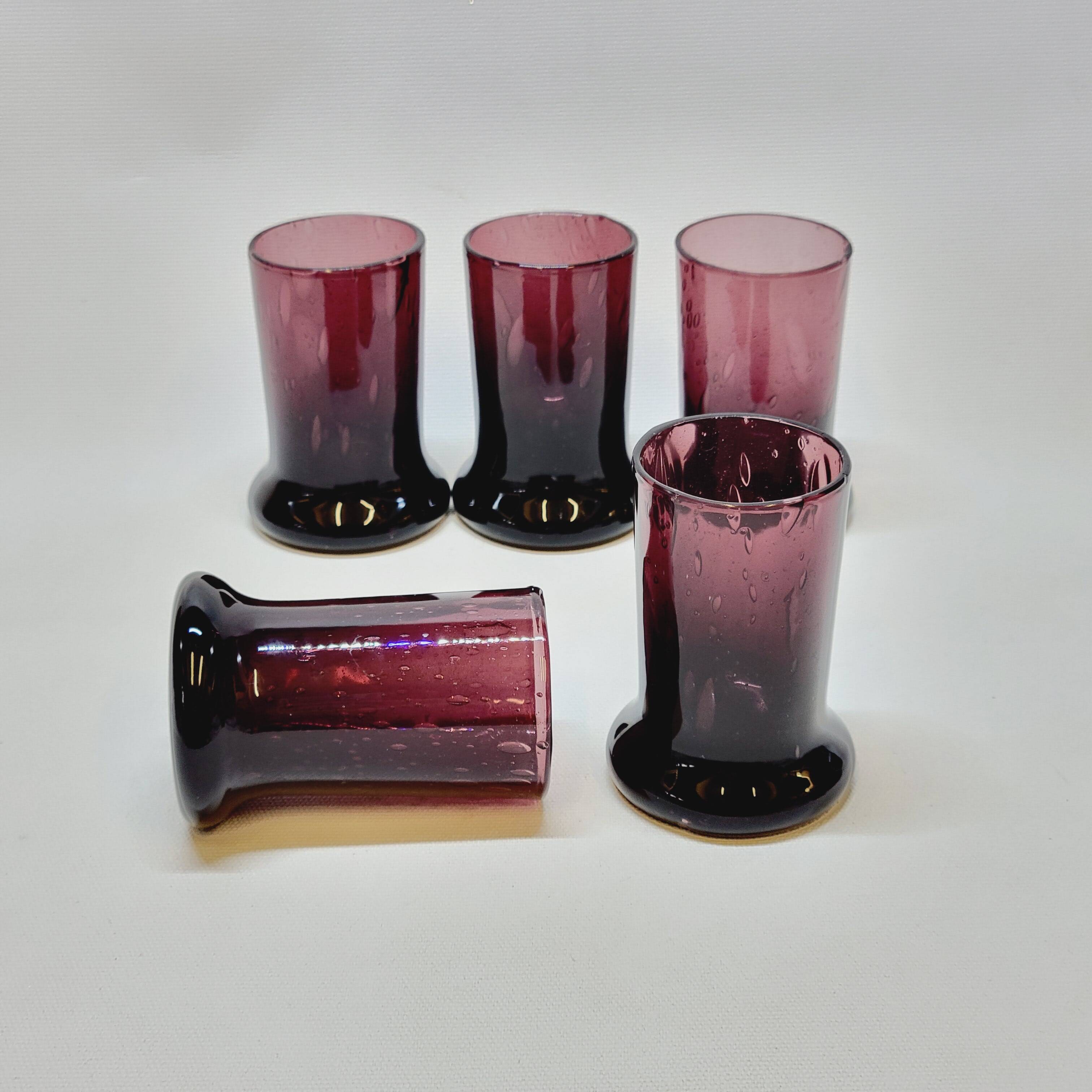 5 Small Liqueur Glasses Vodka Cups in Bubble Blown Glass Plum Biot?