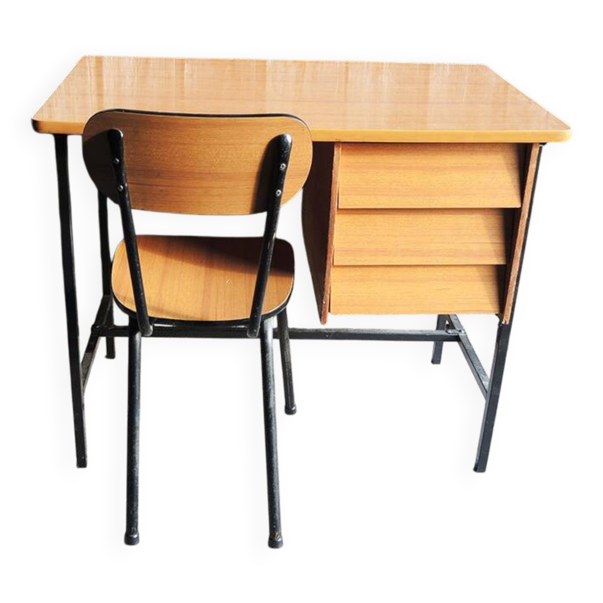 Vintage formica and metal desk with matching chair.
