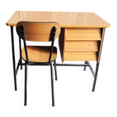Ancien bureau en formica et métal avec chaise assortie