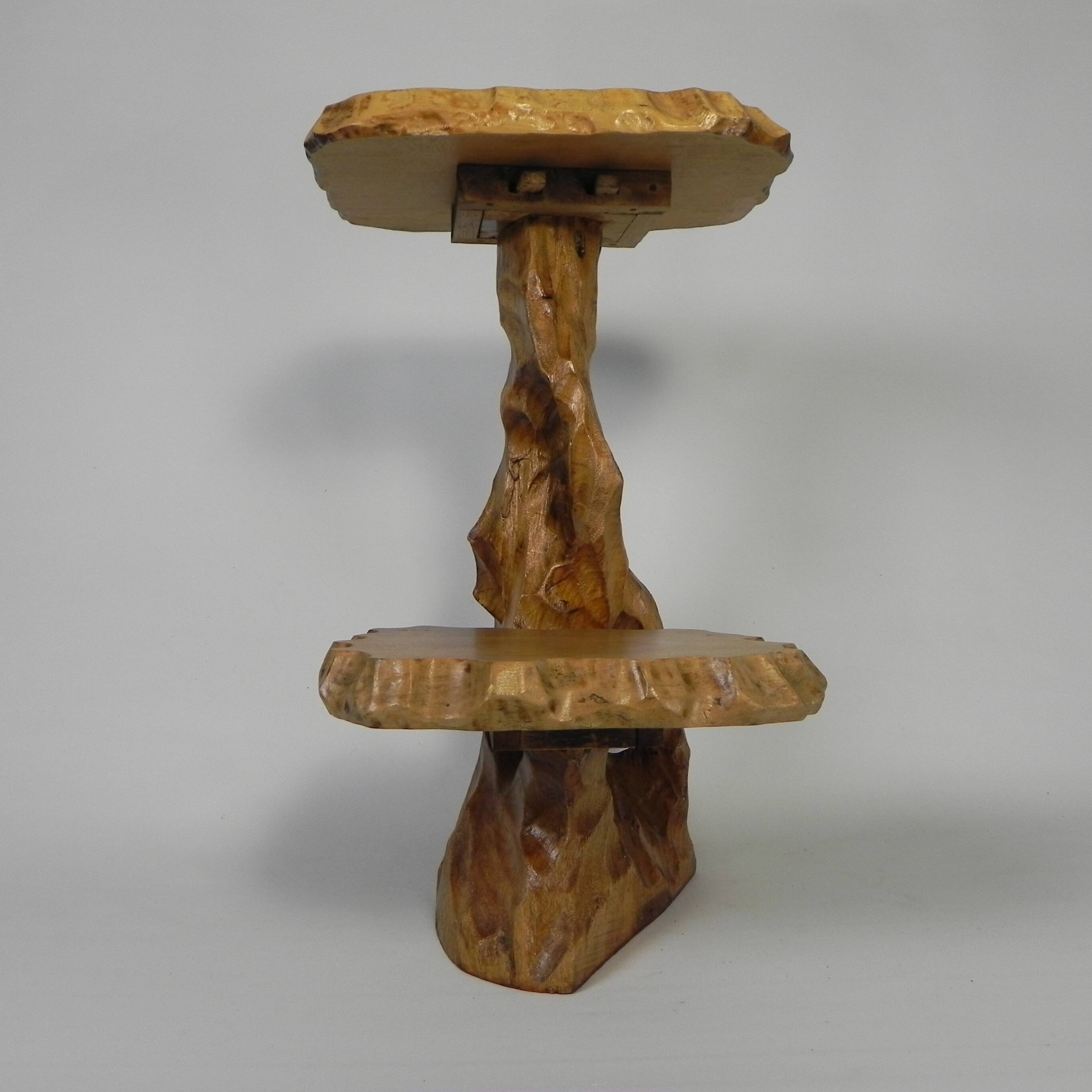 Plant table with 2 shelves, vintage wooden sculpture, USA 1950s