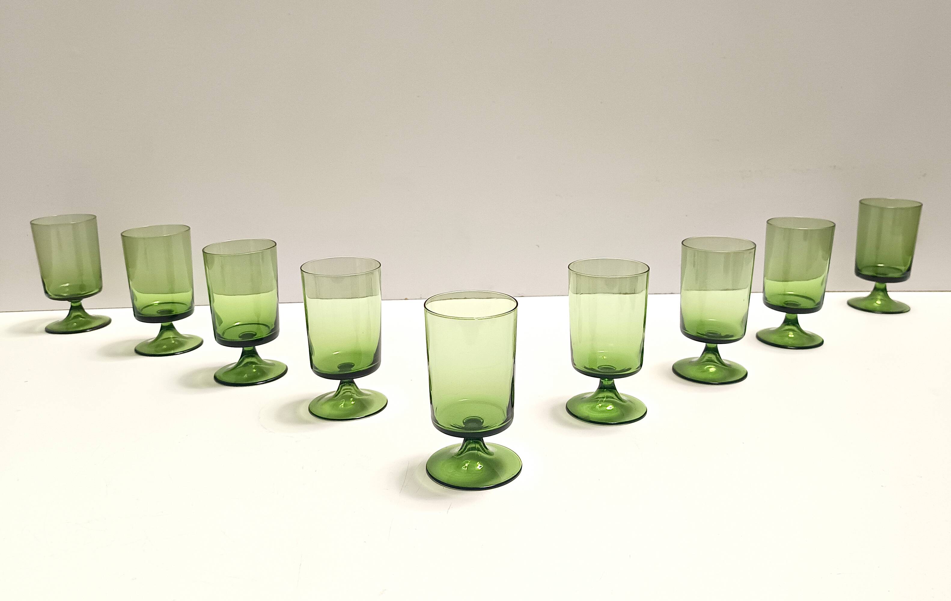 Set of Nine Green Hand-Blown Glass Drinking Glasses, Empoli, Italy