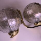 Mid century pair of brass and glass double wall lights, 1970s