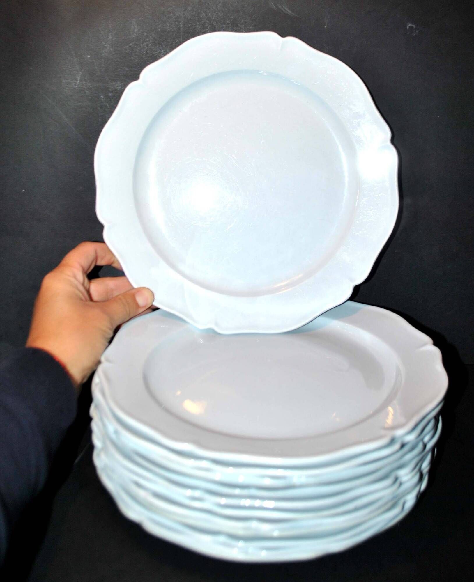 MONTEREAU Set of 12 old scalloped flat plates Pastel blue opaque earthenware 1820-30