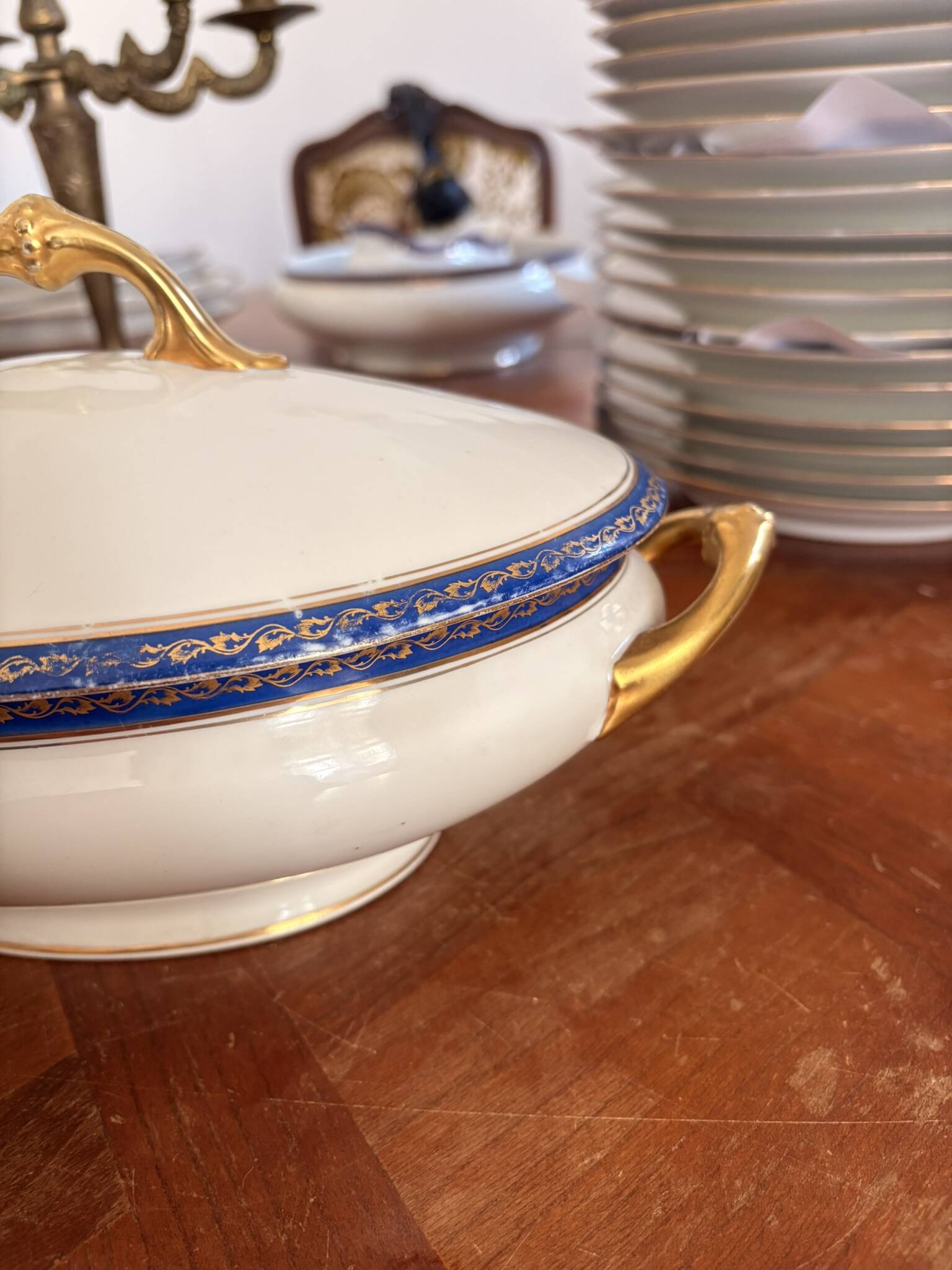 Small Soup Tureen Porcelain Limoges Blue Gold Betoule & Legrand France 1/2