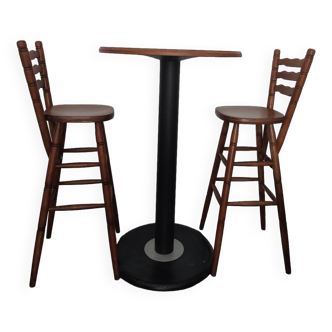 Table haute + 2 tabourets bar bistrot bois vintage