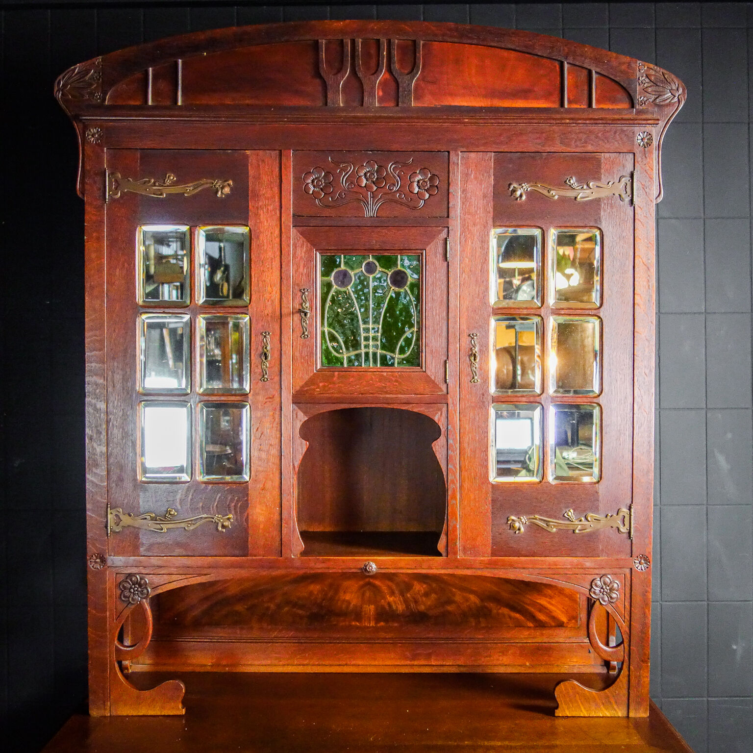 art nouveau cabinet with stained glass window, France circa 1910