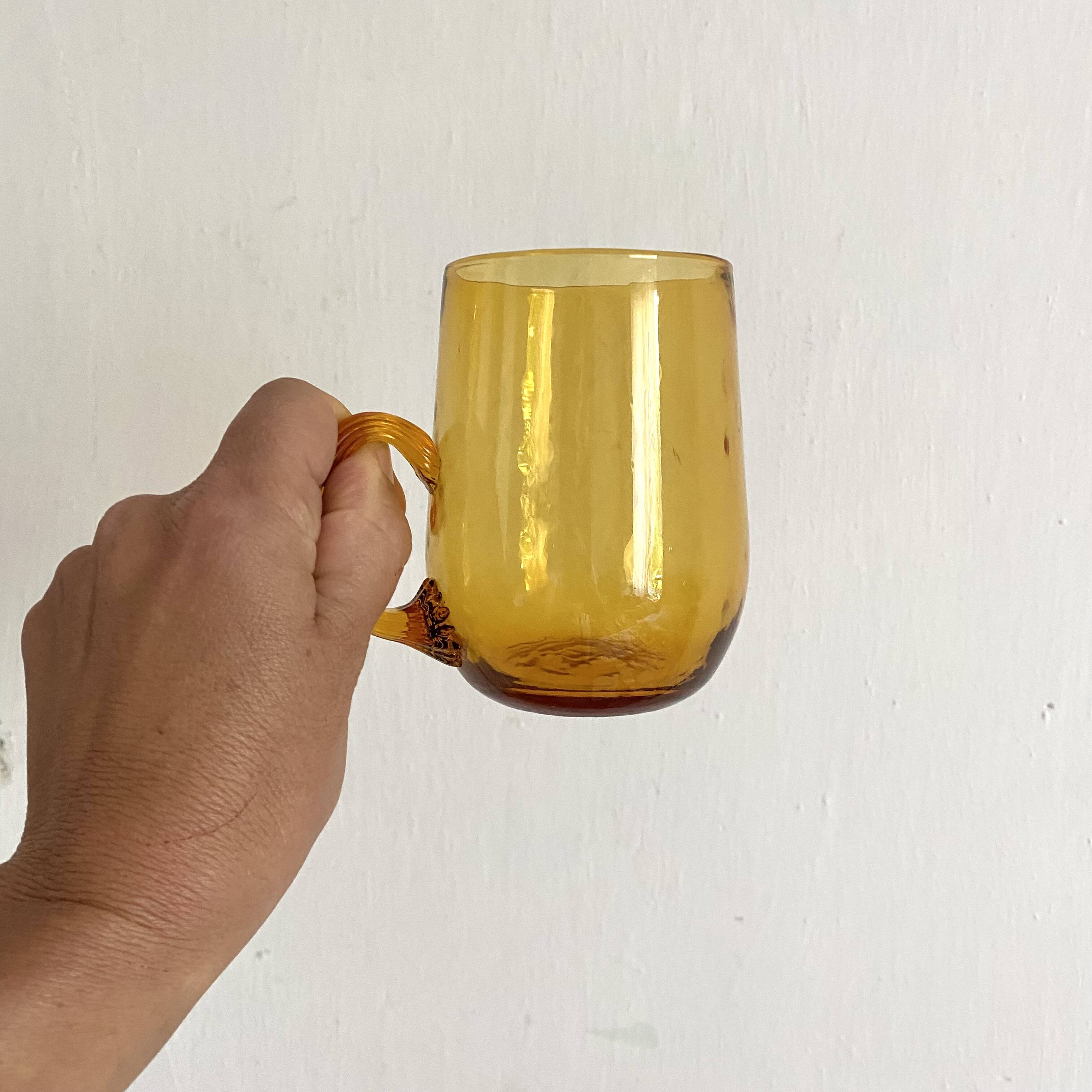 Amber blown glass mug glasses, 70s