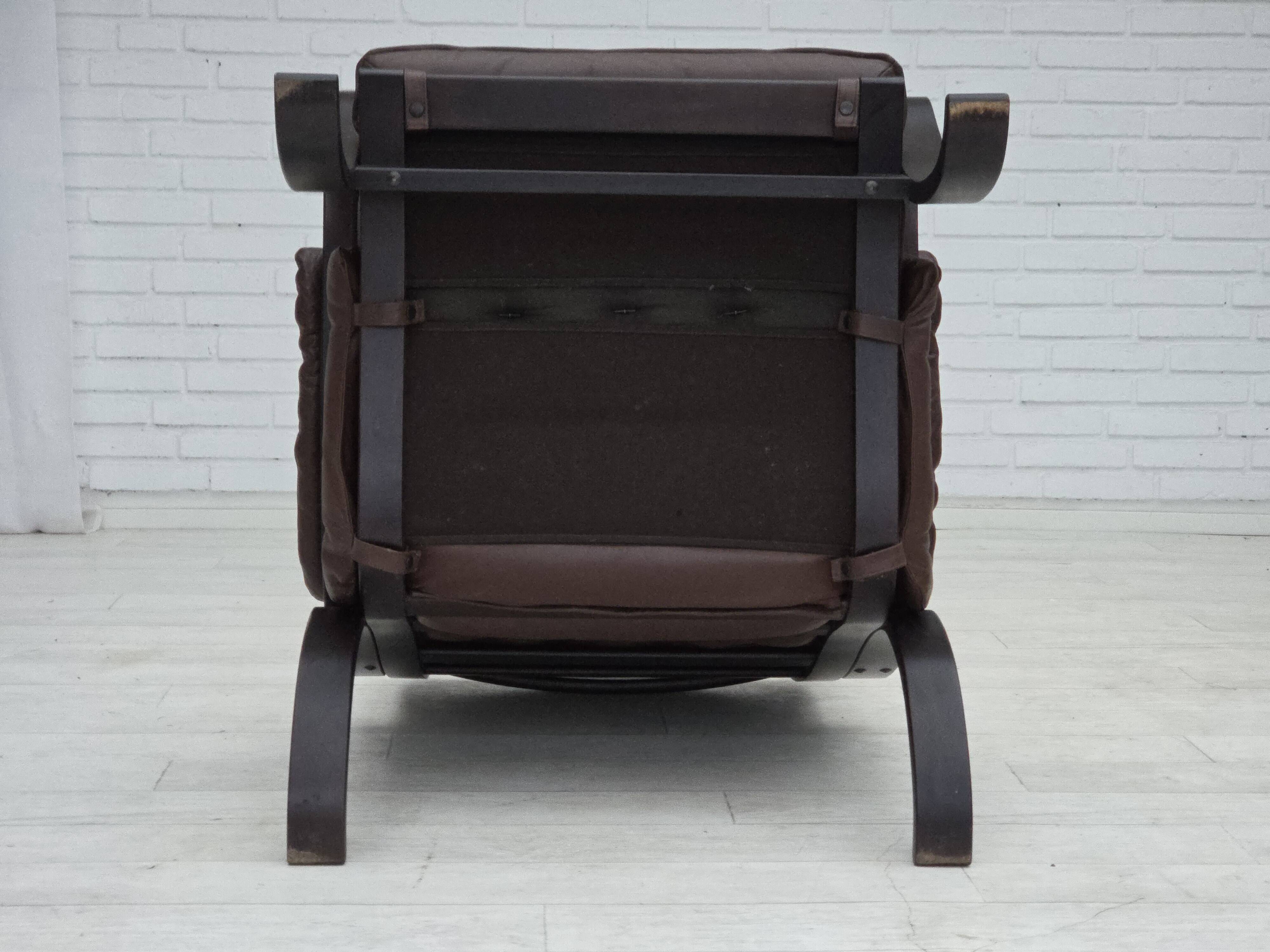 1970s, Scandinavian vintage design, armchair, brown leather, bent wood.
