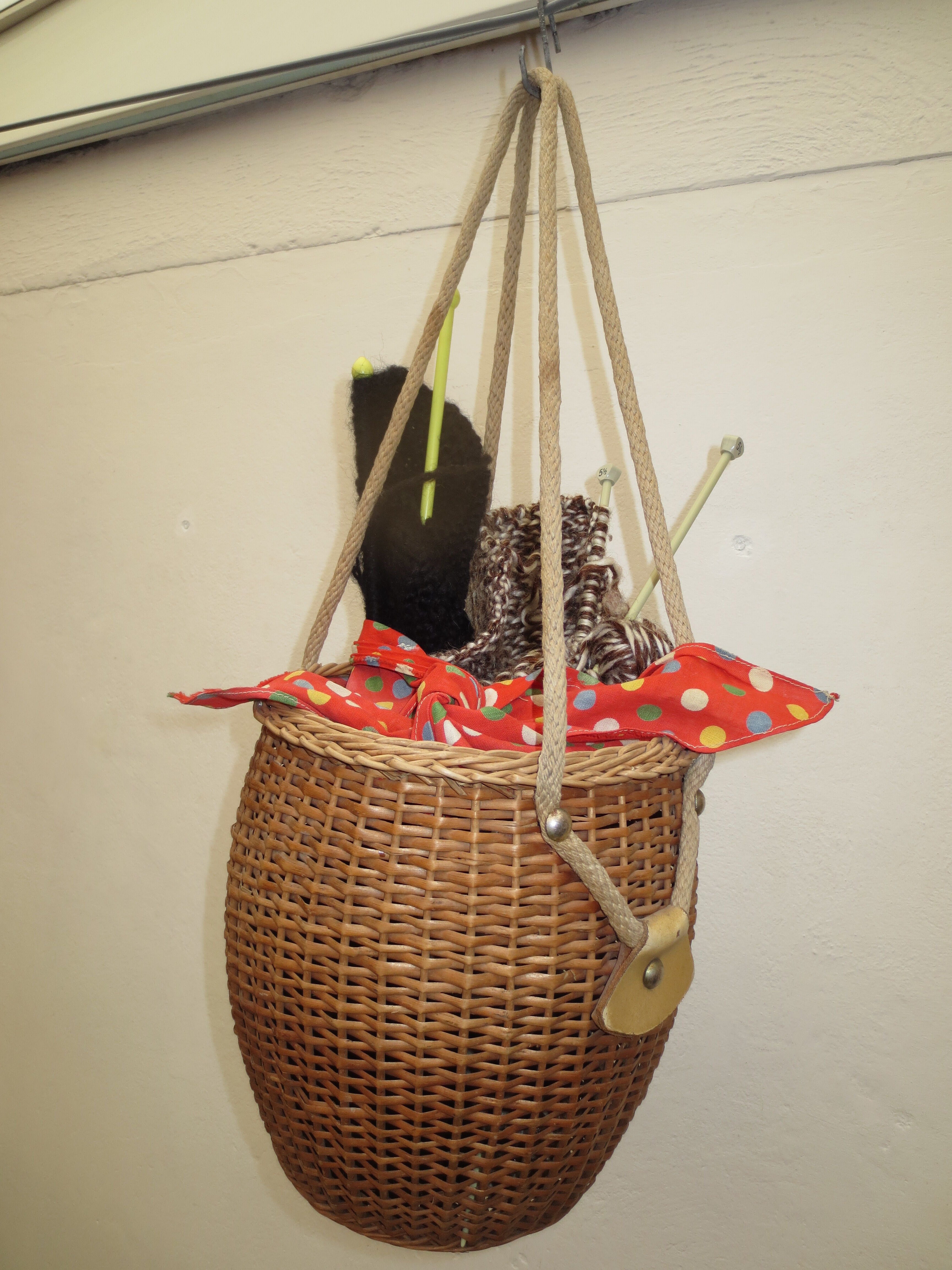 Vintage rattan basket for knitting and work