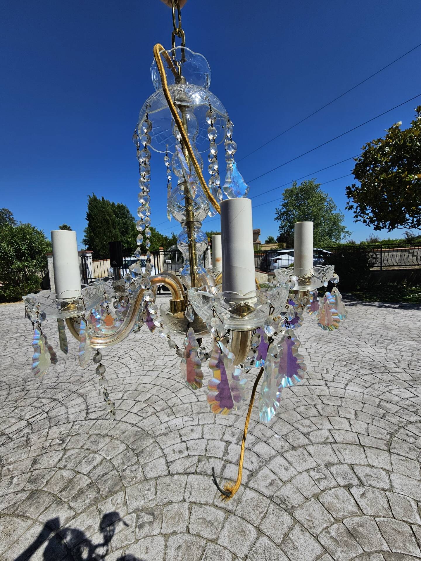 Antique chandelier with glass and crystal pendants, 5 lights, Venetian style.