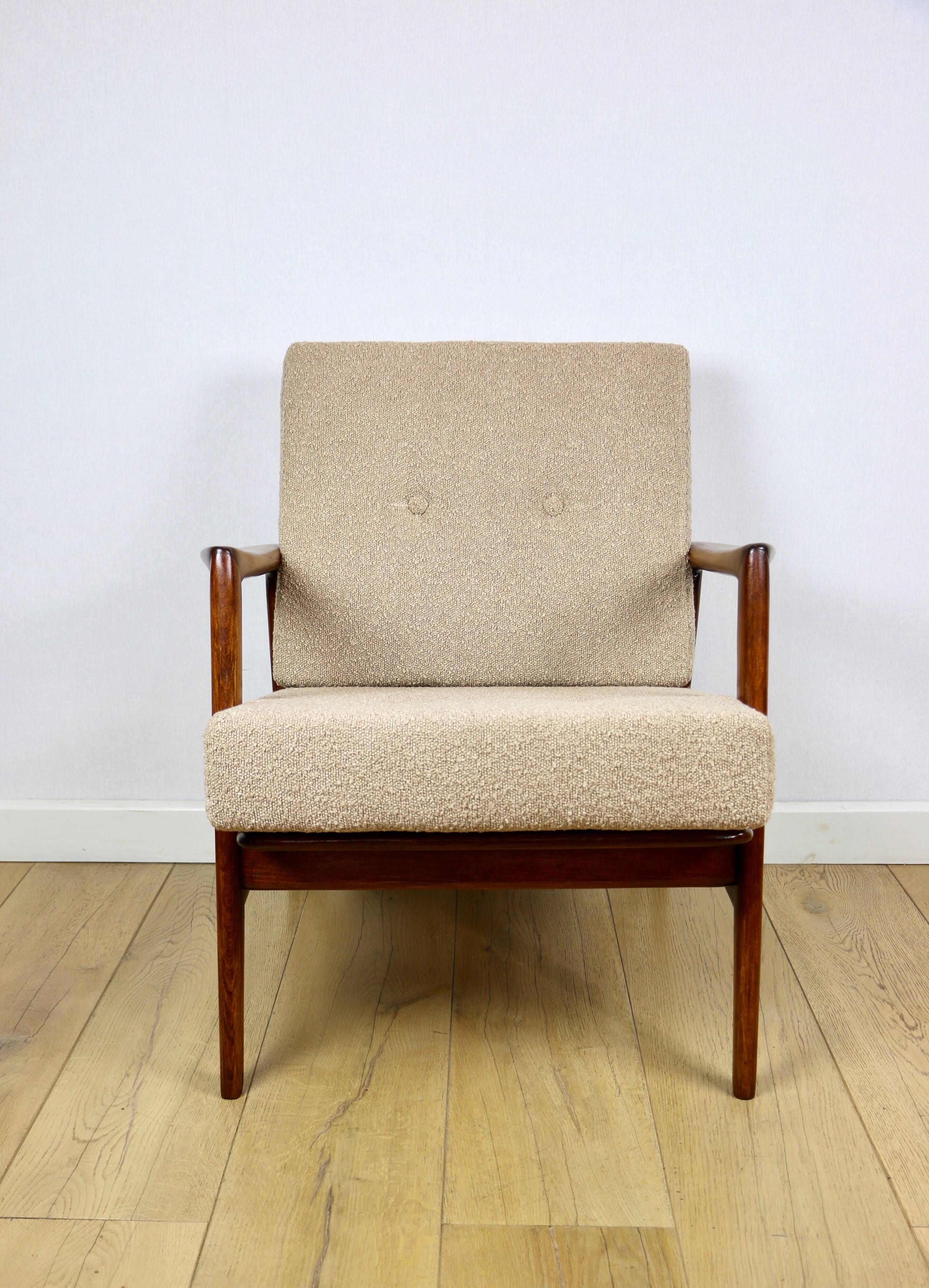 PRL armchair "Stefan" oak wood vintage beige - gold boucle - 3 pieces available