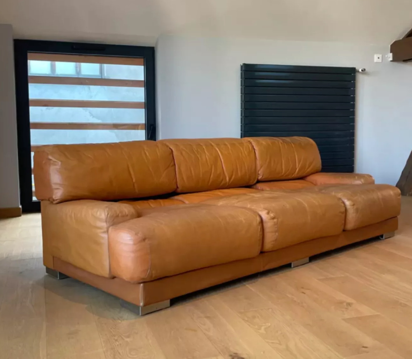 Vintage 3-seater sofa Gérard Guermonprez fawn and stainless steel leather, France 1970