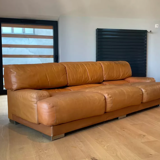 Vintage 3-seater sofa Gérard Guermonprez fawn and stainless steel leather, France 1970