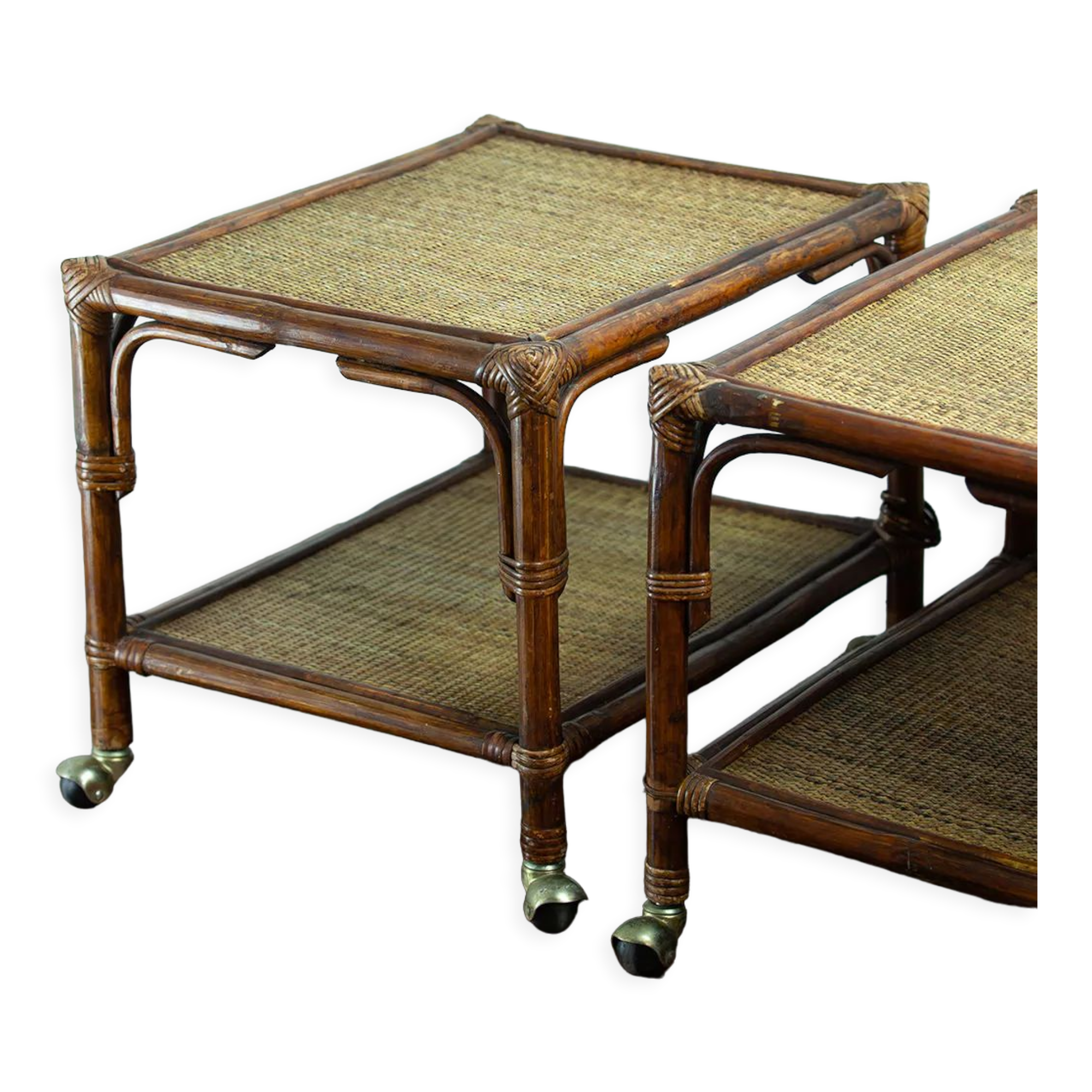 Paires de tables basses en rotin et osier