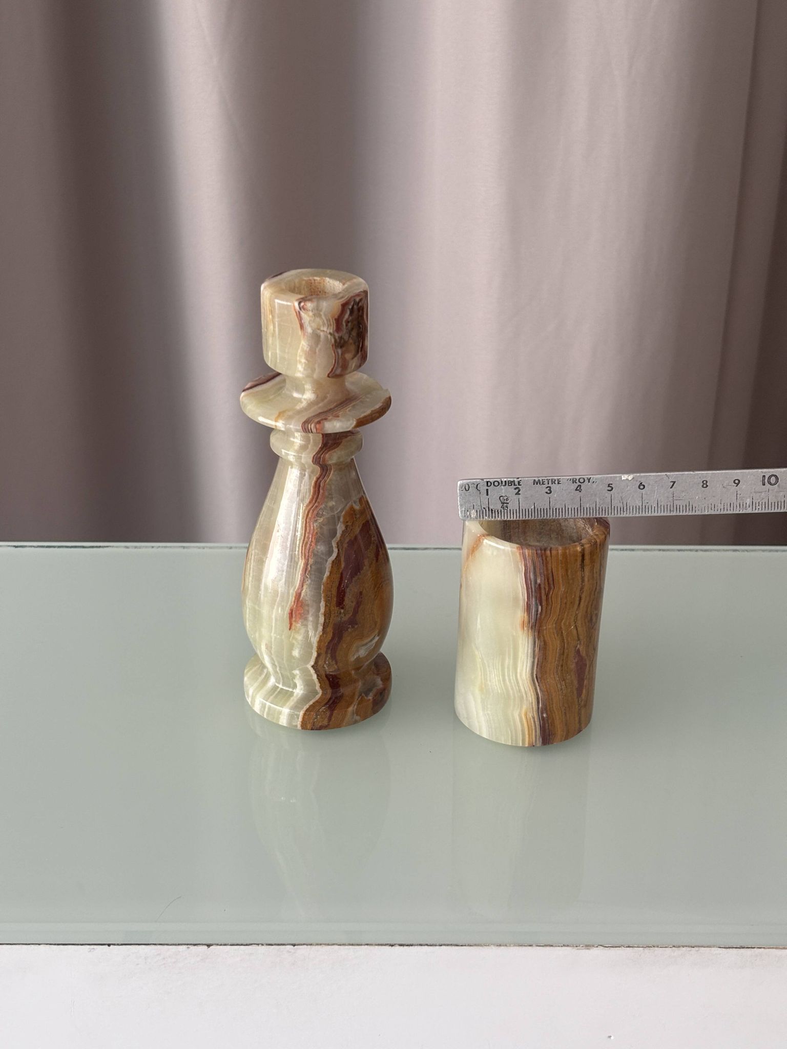 Vintage Hand-Carved Green Onyx Candlestick & Tea Light Holder Set