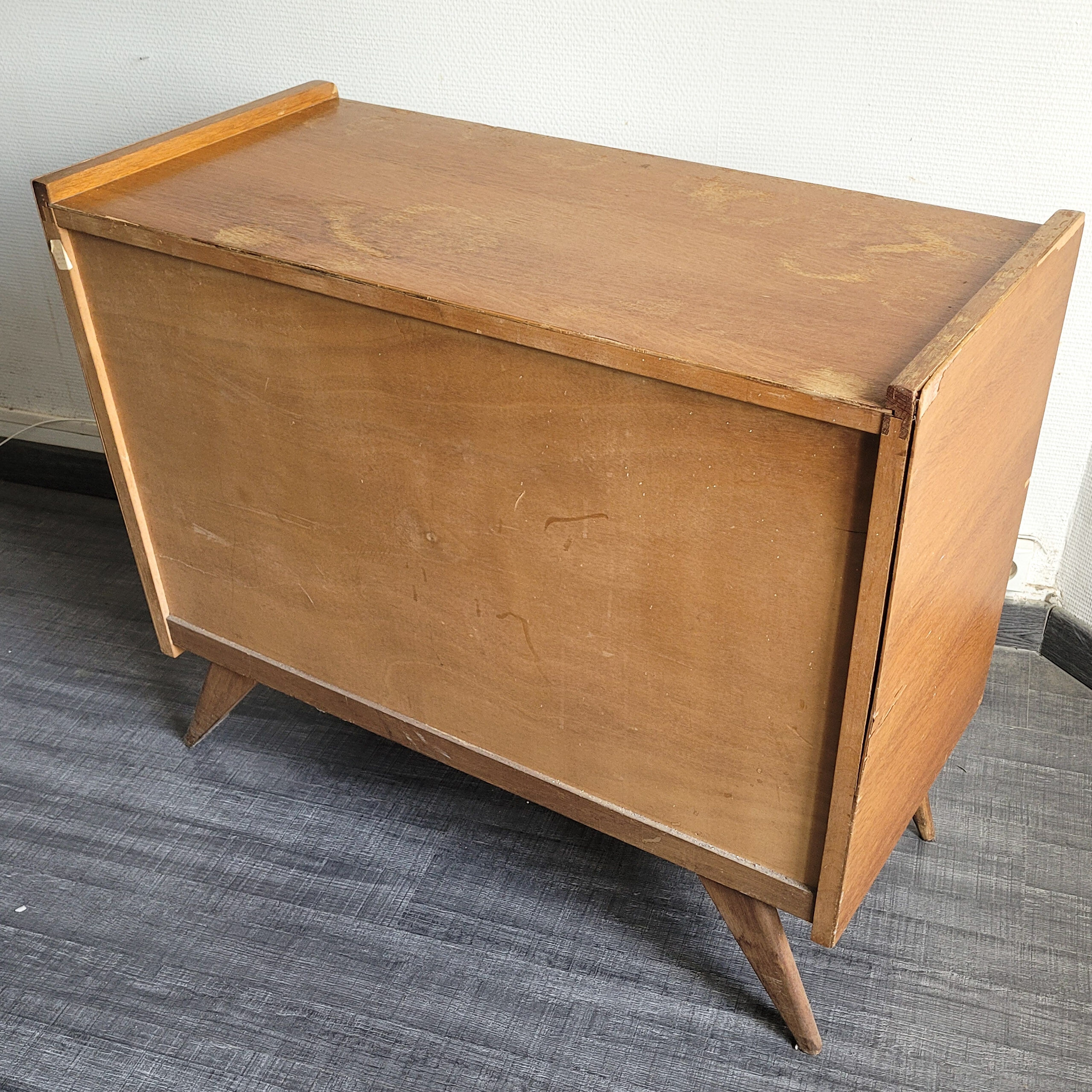 Wooden chest of drawers and vintage rattan