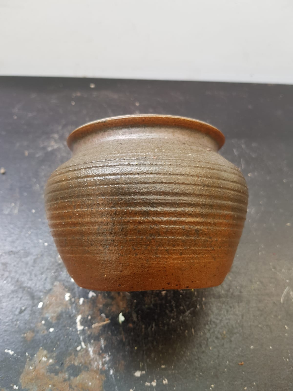 Old Vase SOULAINES DHUYS.  Signed ROYER.  Vase in Enamelled Sandstone.  Color Brown Beige Diameter at