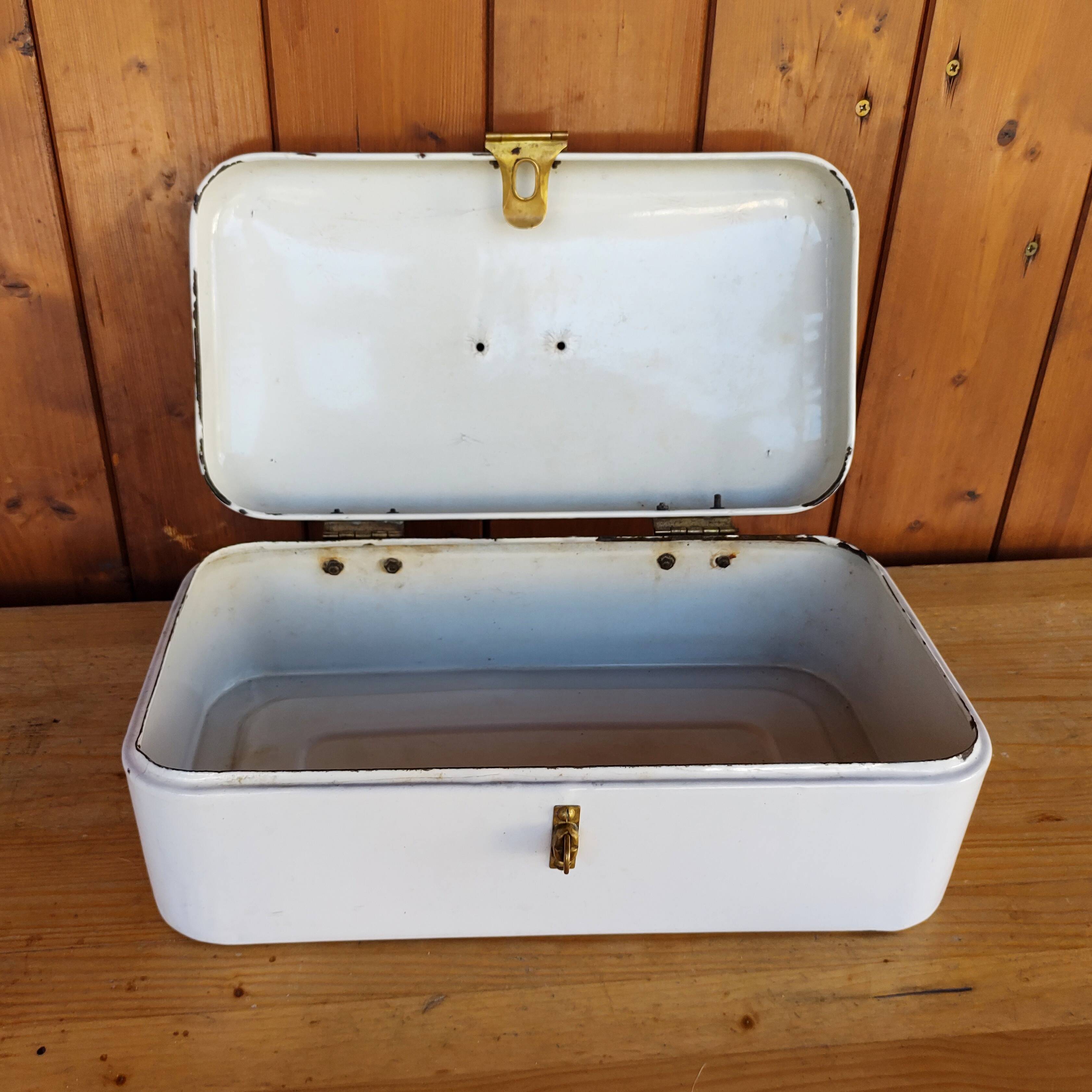 Vintage bread box - white enamel and brass - retro