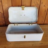 Vintage bread box - white enamel and brass - retro