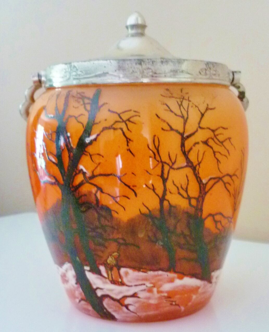 Seau, pot à biscuits ancien, verre soufflé, émaillé, ateliers Legras, art nouveau