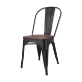 Chaise Industrielle en métal noir mat avec assise bois naturel foncé