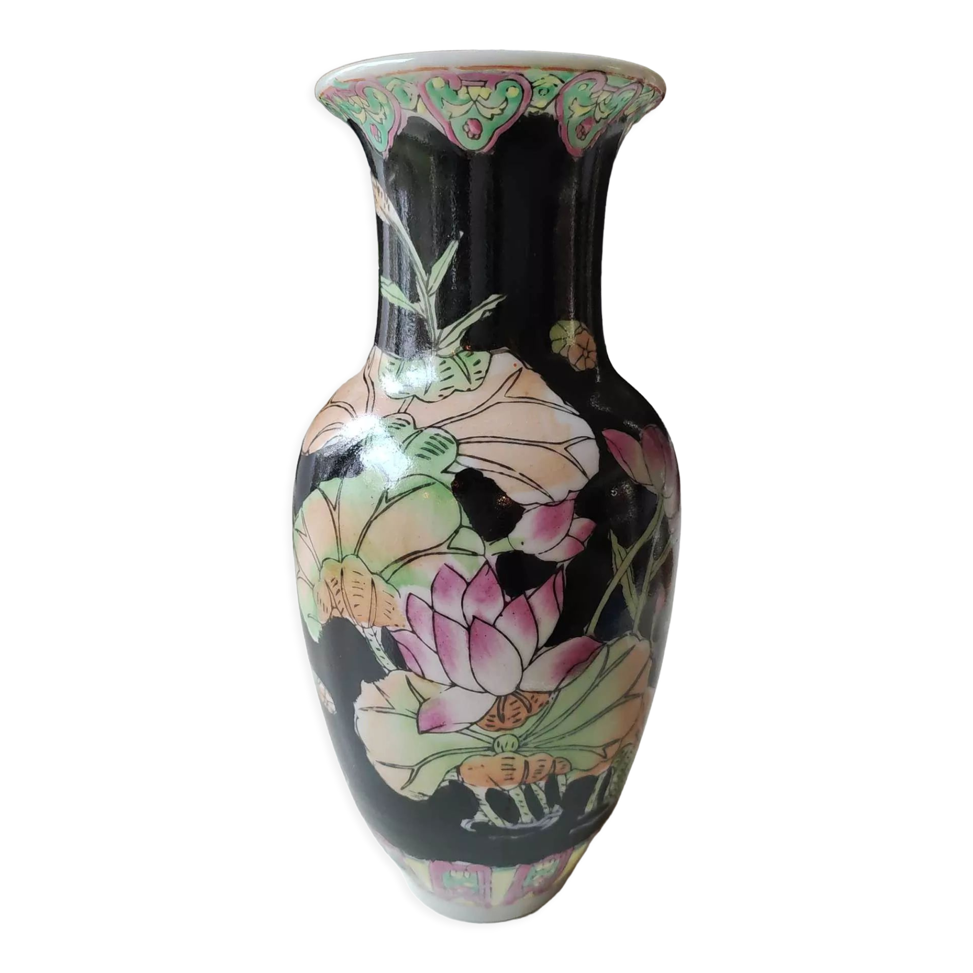 Vintage Asian/Chinese baluster vase, glazed ceramic - floral motifs/Exotic birds