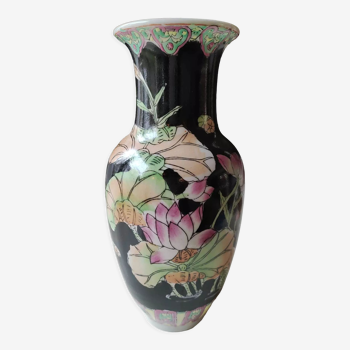 Vase balustre vintage Asiatique/Chinois, en céramique vernissée - motifs floraux/Oiseaux exotiques