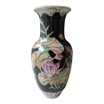 Vase balustre vintage Asiatique/Chinois, en céramique vernissée - motifs floraux/Oiseaux exotiques