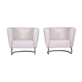 White leather Halabala armchairs made in 1930s Czechia - Fully restored